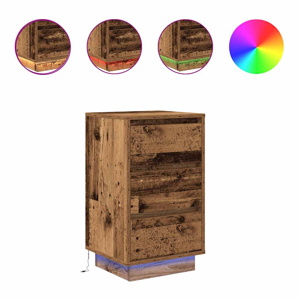 Nattbord med LED-lys gammelt tre 38x34x65 cm