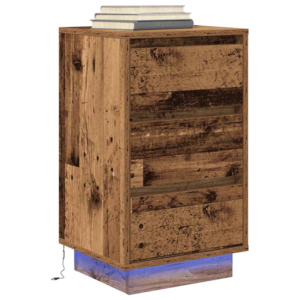 Nattbord med LED-lys gammelt tre 38x34x65 cm