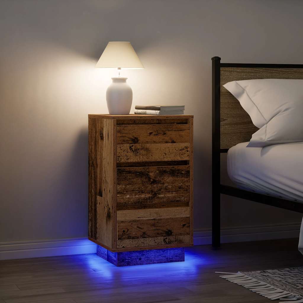 Nattbord med LED-lys gammelt tre 38x34x65 cm