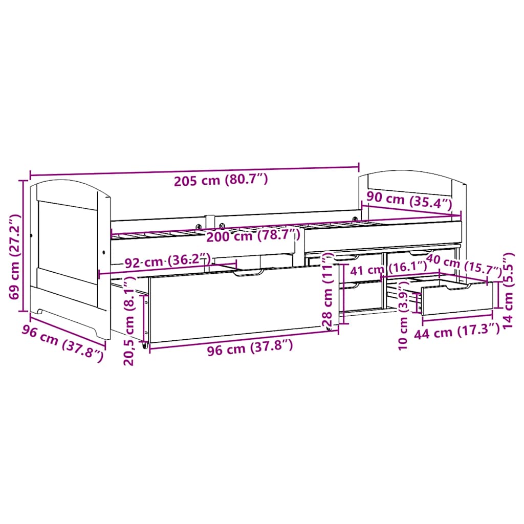 Dagseng med 5 skuffer uten madrass IRUN hvit&rosa 90x200 cm