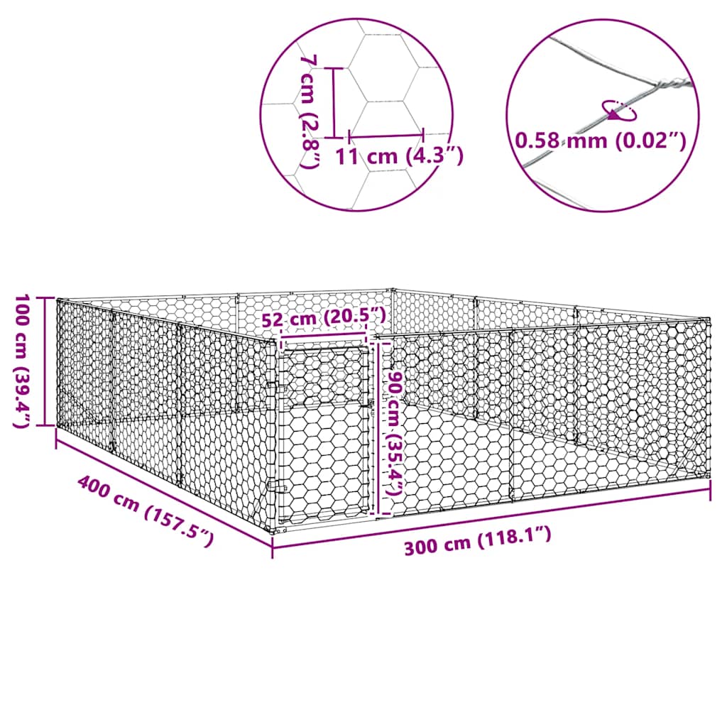 Utendørs hundekennel med dør 3x4x1 m galvanisert stål