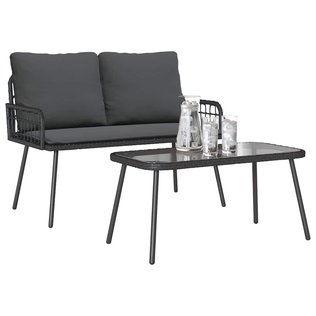 2 Delers Hage Spisestue Sett med Puter Svart Poly Rattan