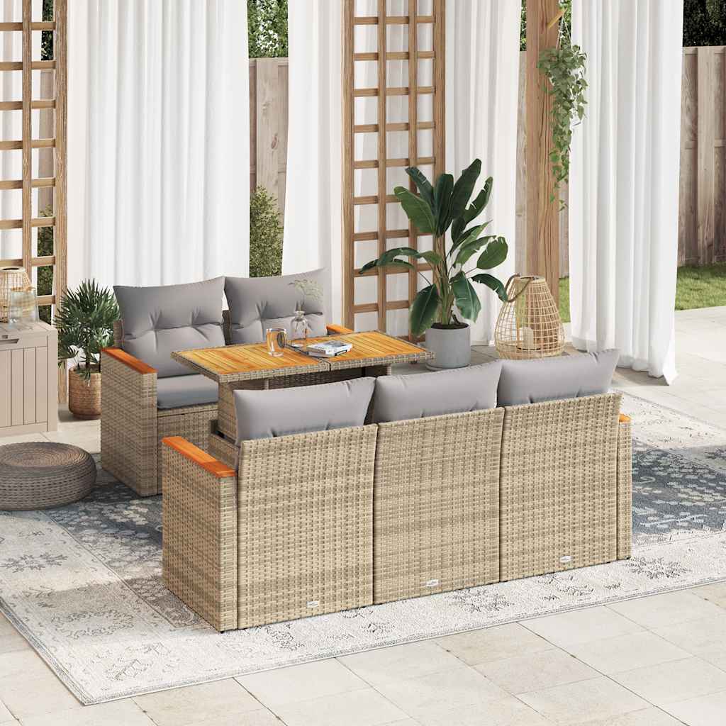 Hagesofaer med puter 6 deler beige polyrotting akasie