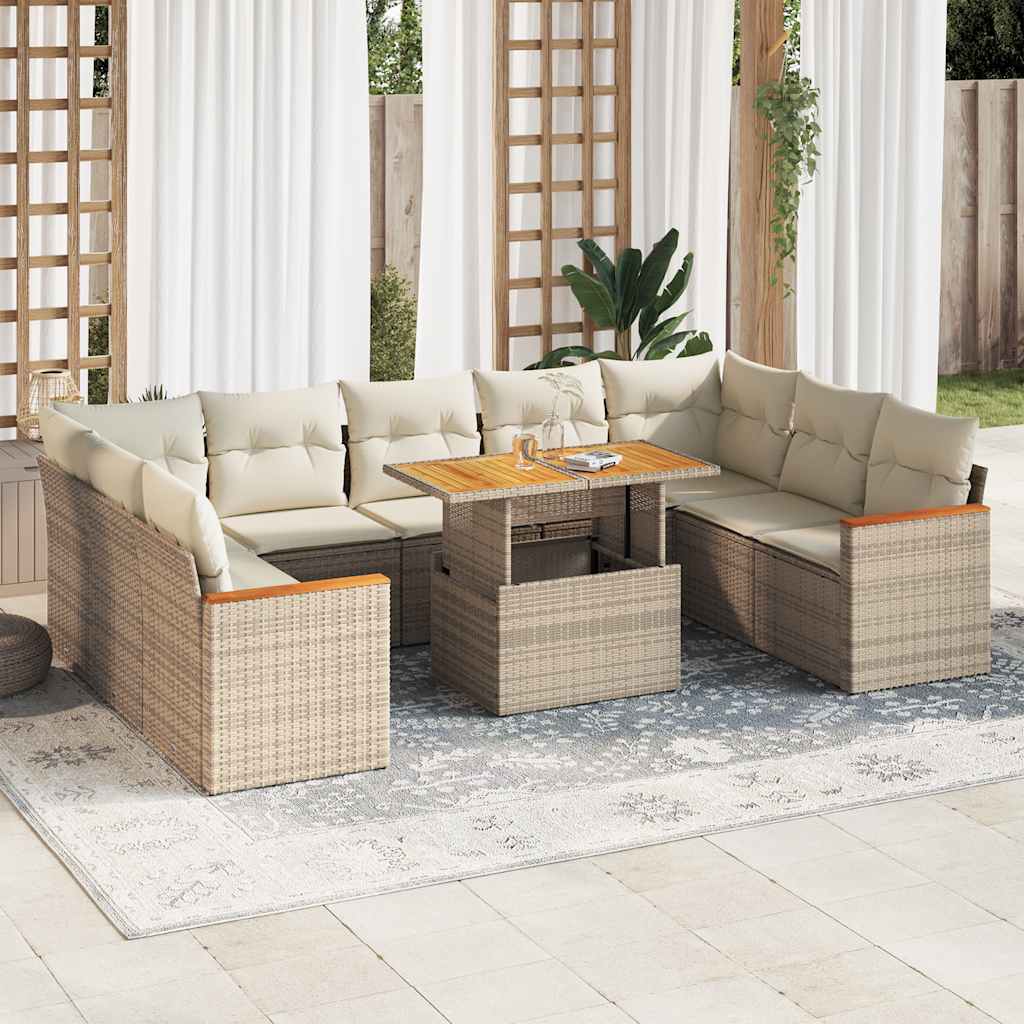 Hagesofaer med puter 10 deler beige polyrotting akasie