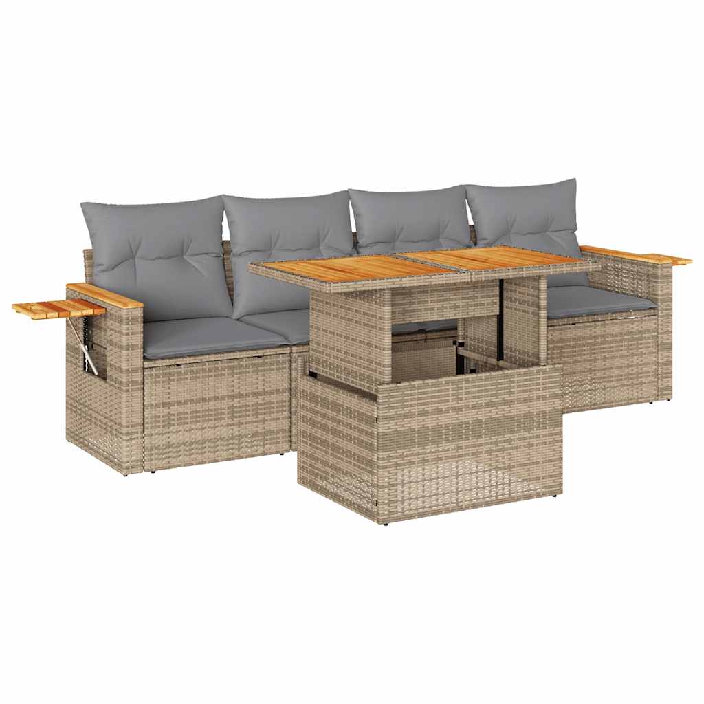 Hagesofaer med puter 5 deler beige polyrotting akasie