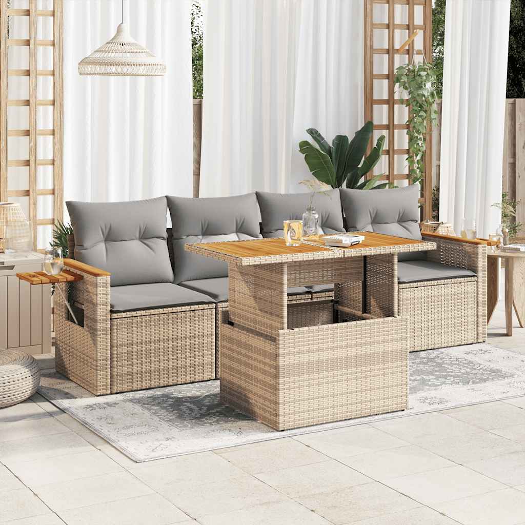 Hagesofaer med puter 5 deler beige polyrotting akasie