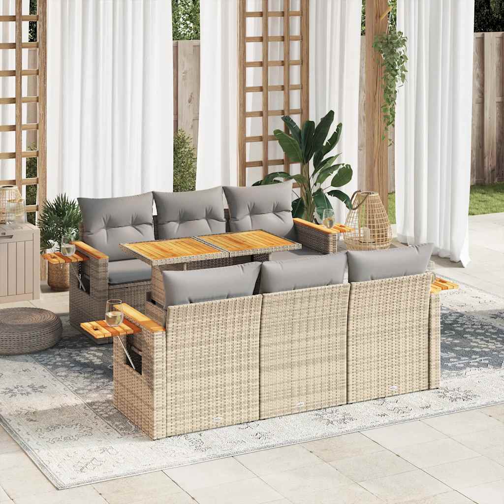 Hagesofaer med puter 7 deler beige polyrotting akasie
