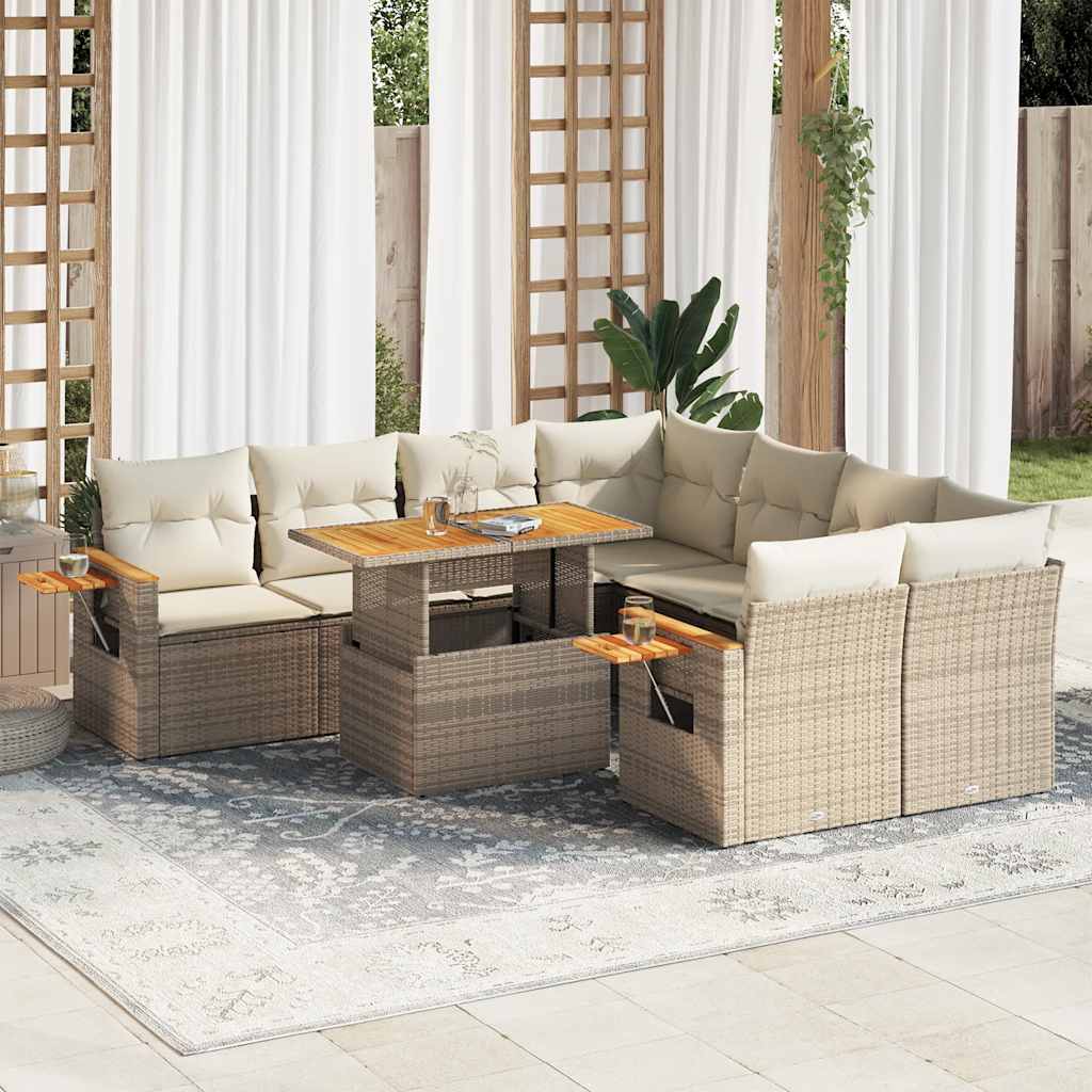 Hagesofaer med puter 9 deler beige polyrotting akasie