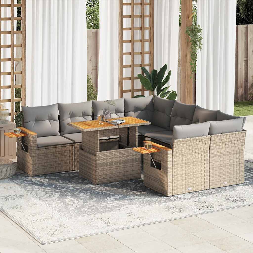 Hagesofaer med puter 9 deler beige polyrotting akasie
