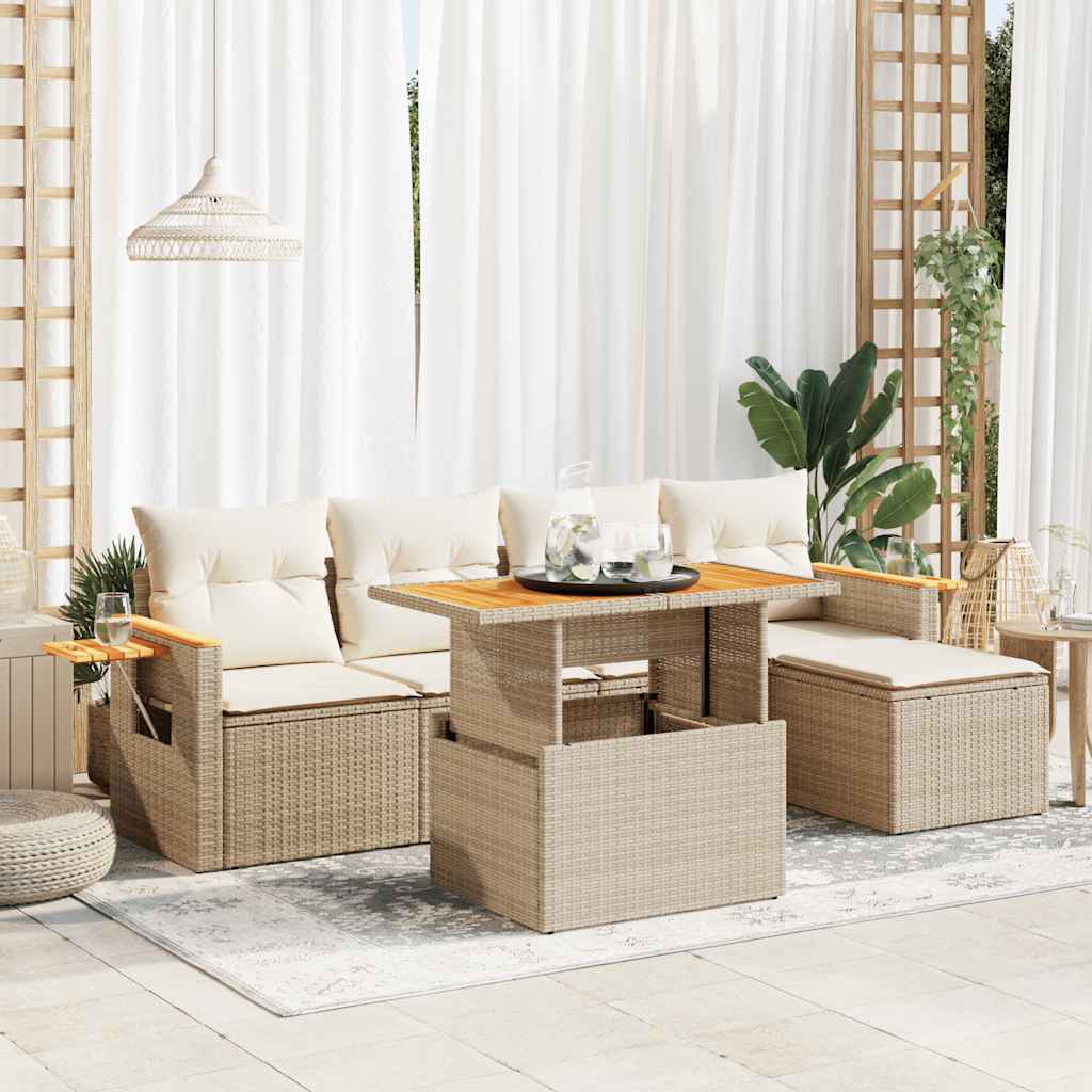 Hagesofaer med puter 6 deler beige polyrotting akasie