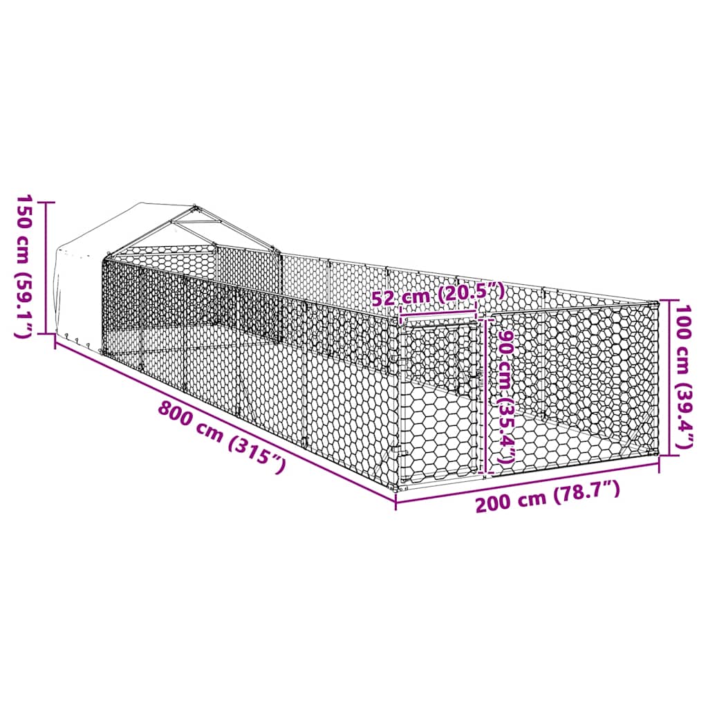 Utendørs hundekennel med løpegård 8x2x1,5 m galvanisert stål