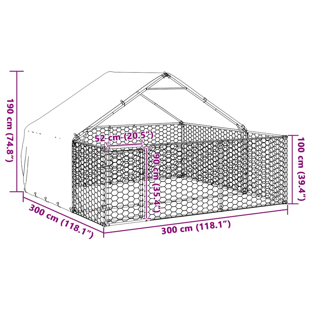 Utendørs hundekennel med løpegård 3x3x1,9 m galvanisert stål