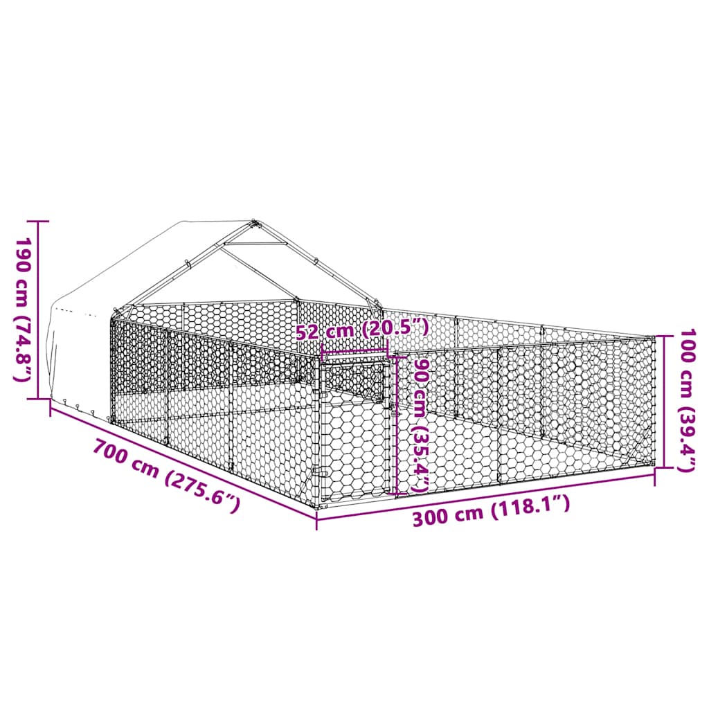 Utendørs hundekennel med løpegård 7x3x1,9 m galvanisert stål