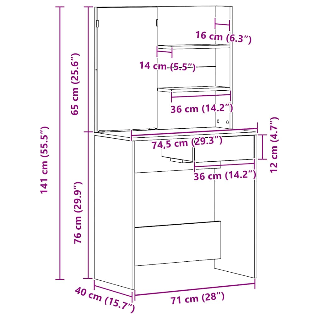 Sminkebord Svart eik 74.5 x 40 x 141 cm Konstruert tre
