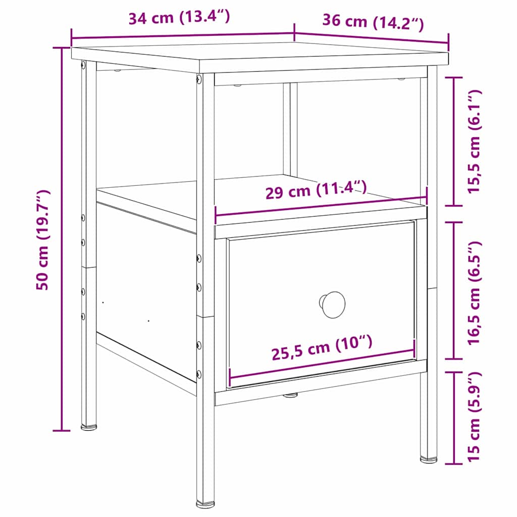 Nattbord 2 pcs Svart eik 34 x 36 x 50 cm Ingeniørtre og metall