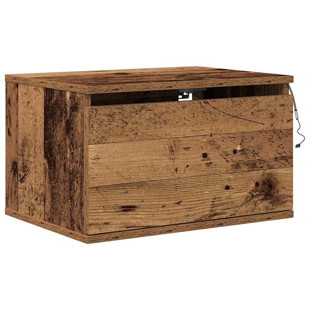 Vegghengt nattbord med skuff med LED -stripelys 2 pcs Gamle tre