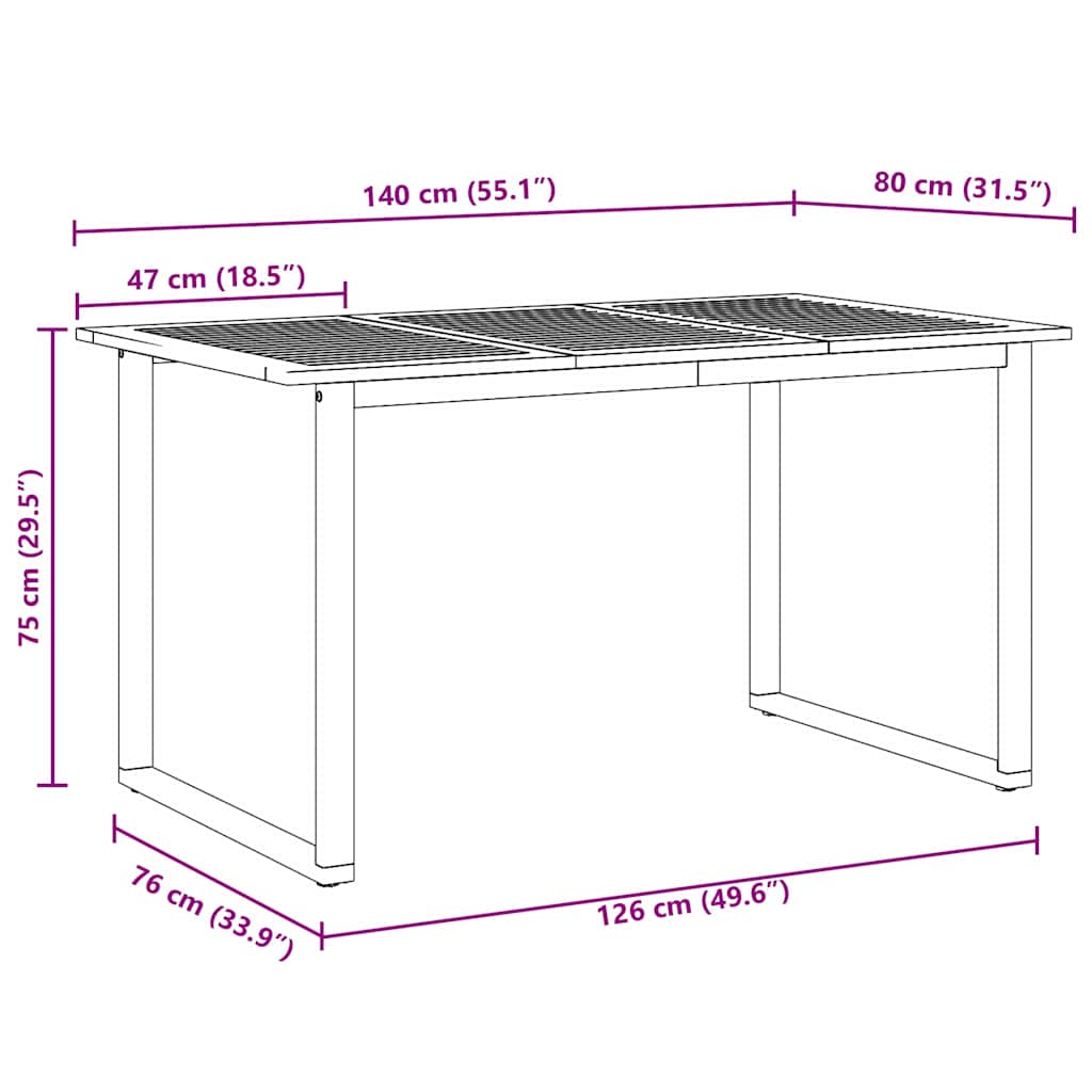 Hage middagbord Grå 140 x 80 x 75 cm Stål og solid akasietre
