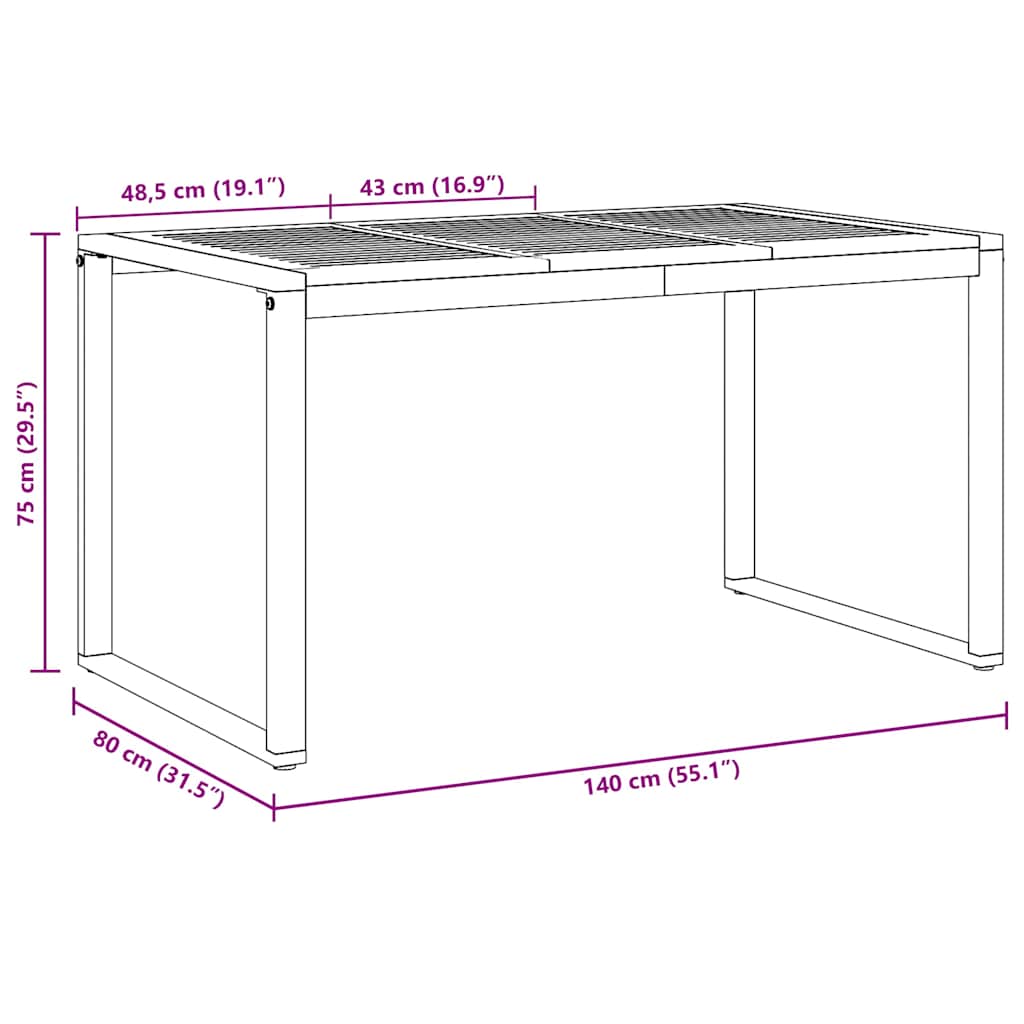 Hage middagbord Grå 140 x 80 x 75 cm Stål og solid akasietre
