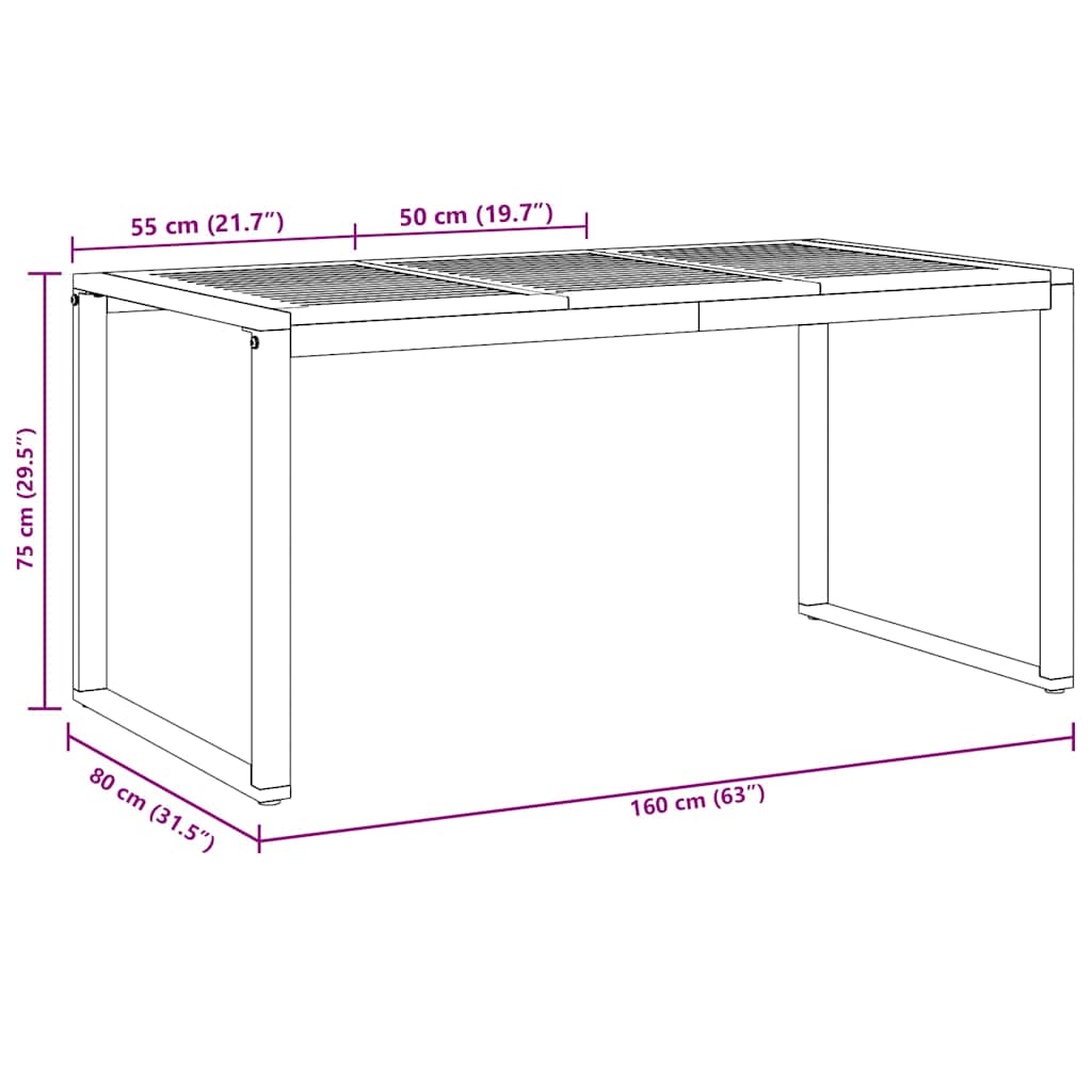 Hage middagbord Grå 160 x 80 x 75 cm Stål og solid akasietre