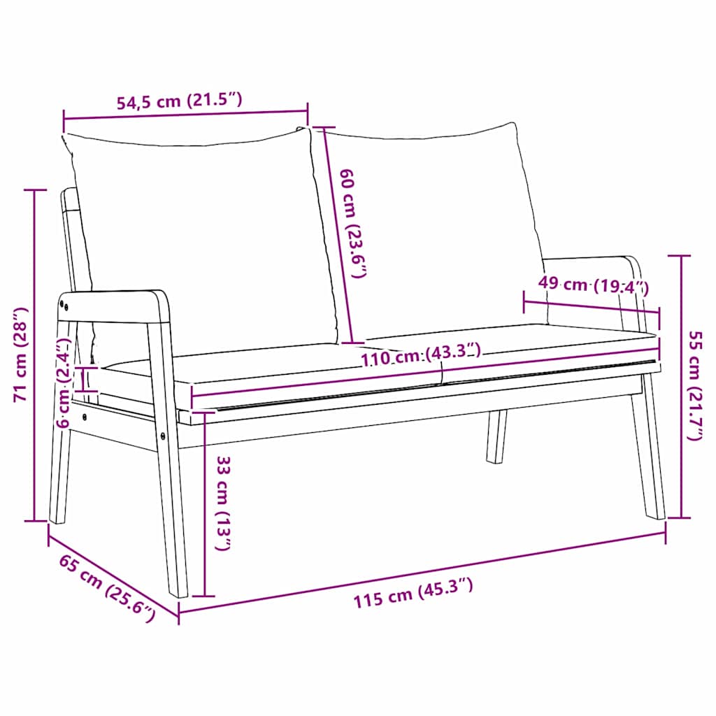 Hagebenk med puter 115x65x71 cm Solid akasietre