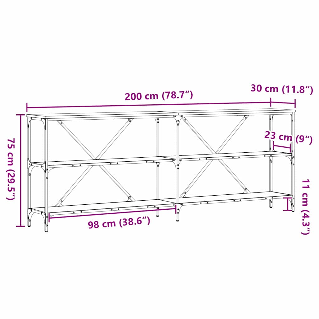 Konsollbord Svart eik 200 x 30 x 75 cm Ingeniørtre og metall