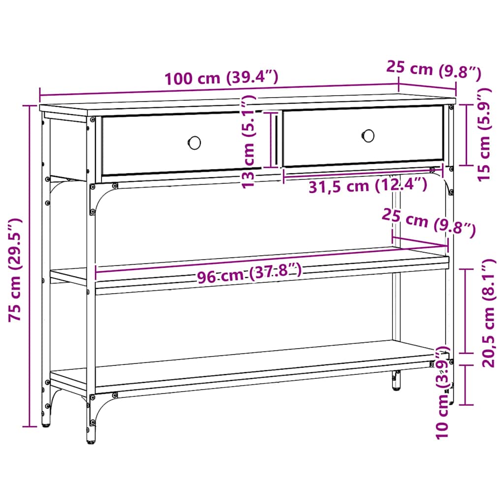 Konsollbord svart eik 100x25x75 cm konstruert tre og stål