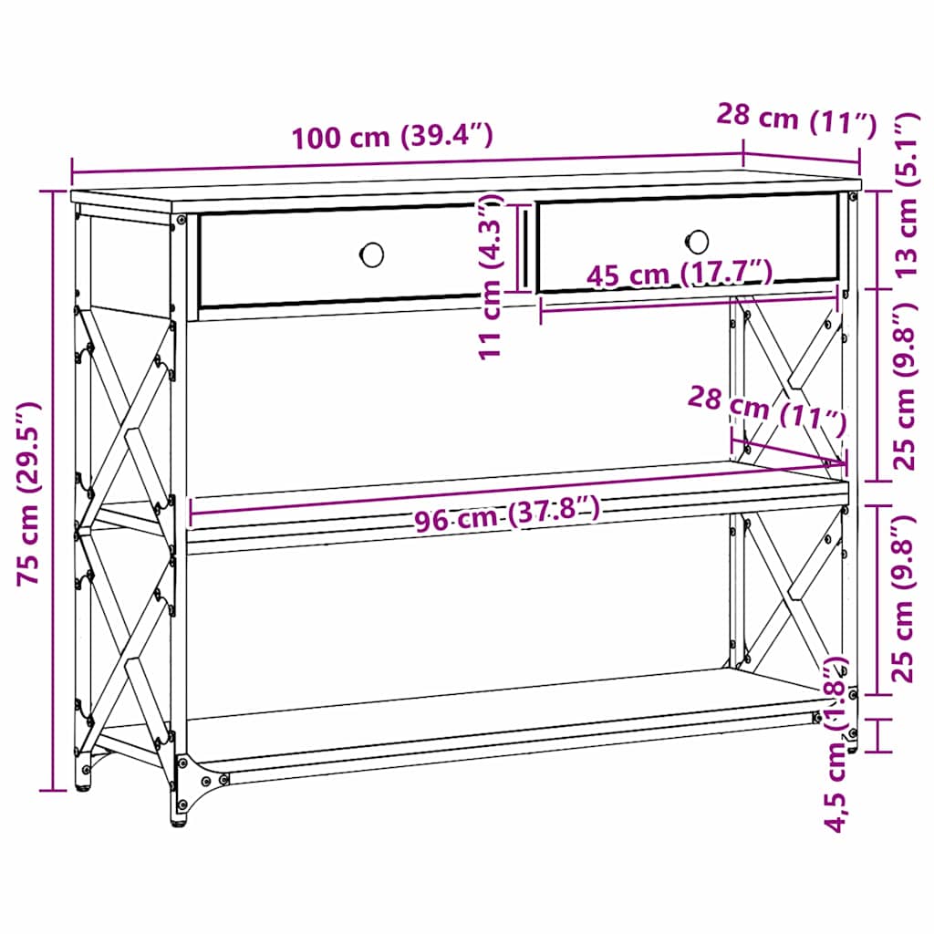 Konsollbord Svart Eik 100x28x75 cm Konstruert Tre & Stål