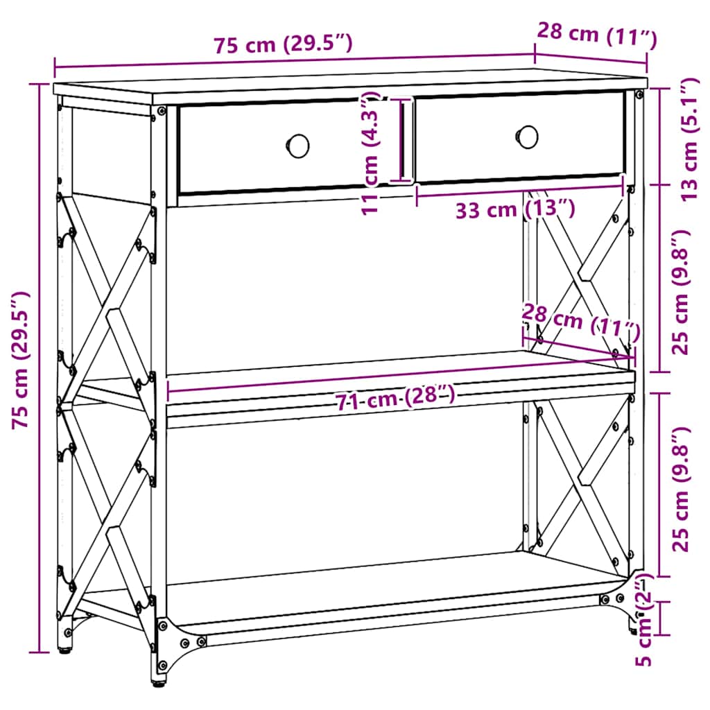 Konsollbord Svart Eik 75x28x75 cm Ingeniørtre og Stål