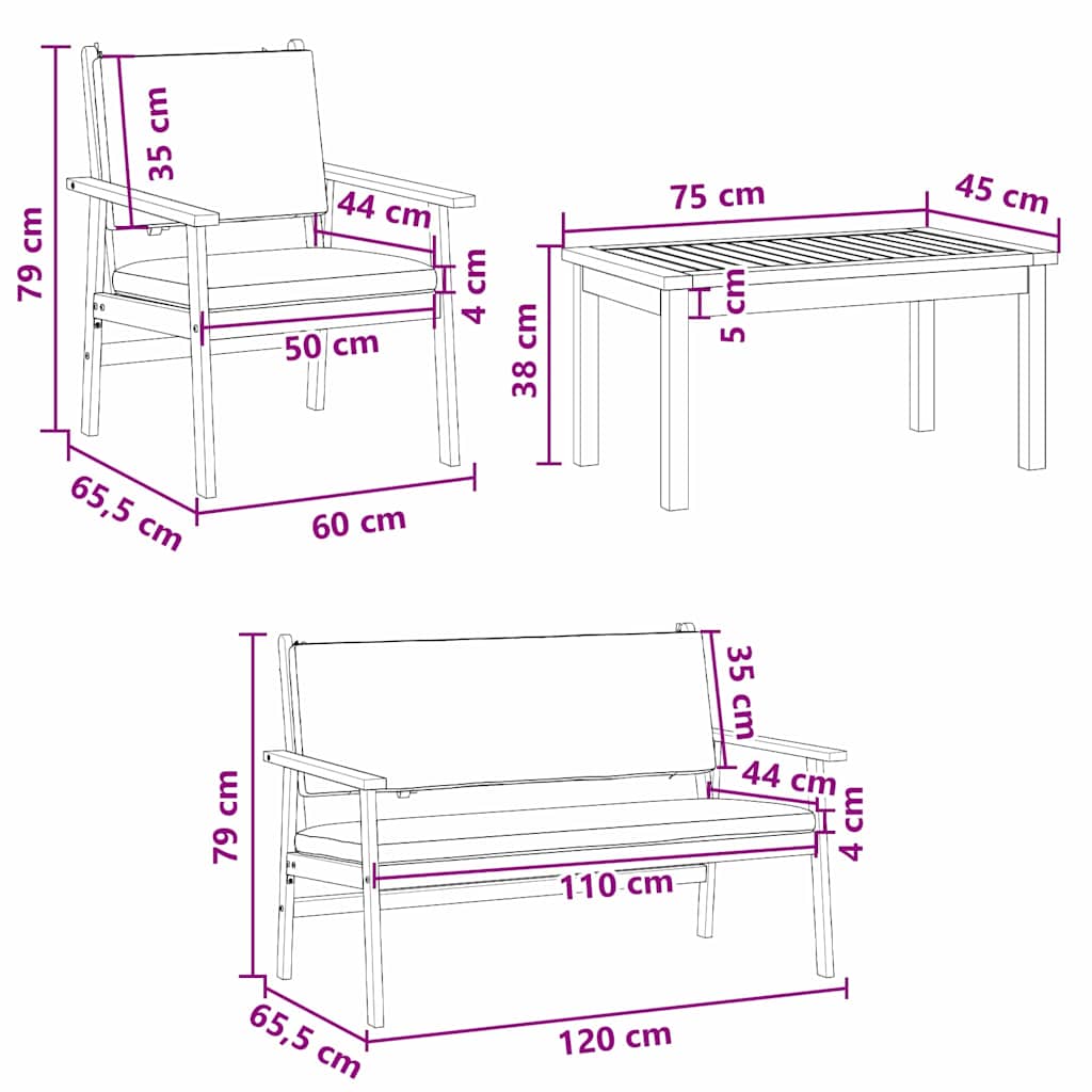 4-delt hagesofaset med puter i solid akasietre