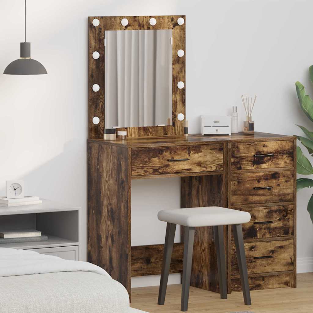 Sminkebord med LED-lamper Røkt eik 50x41x135 cm