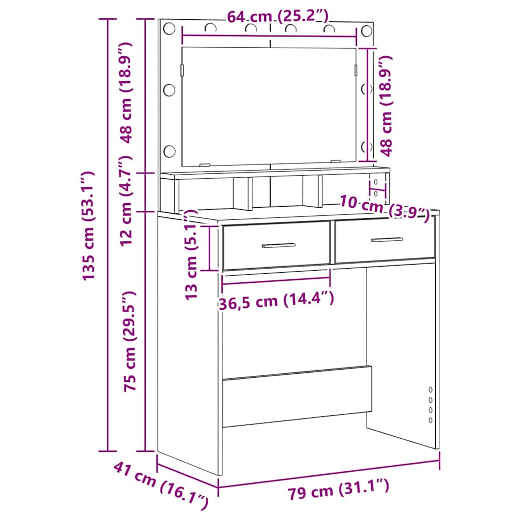 Sminkebord med LED-lamper i Artisan Eik 79x41x135 cm