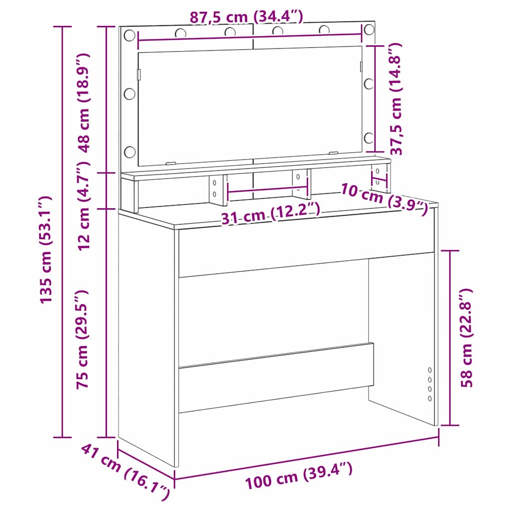 Hvit Sminkebord med LED Lys - 100x41x135 cm