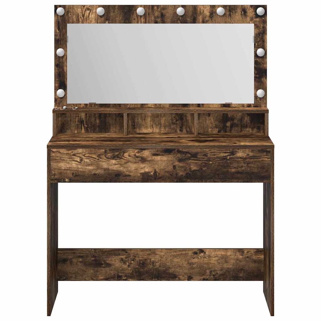 Sminkebord med LED-lamper i Røkt Eik 100x41x135 cm