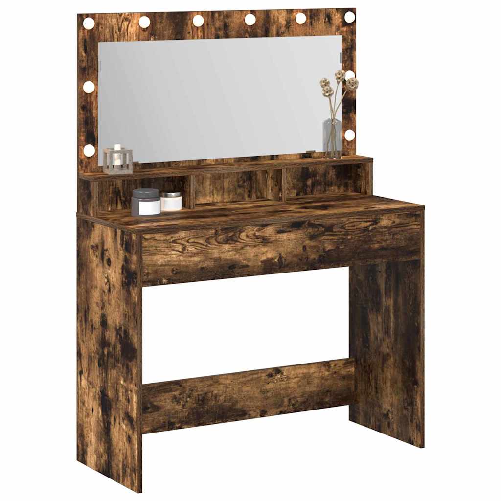 Sminkebord med LED-lamper i Røkt Eik 100x41x135 cm