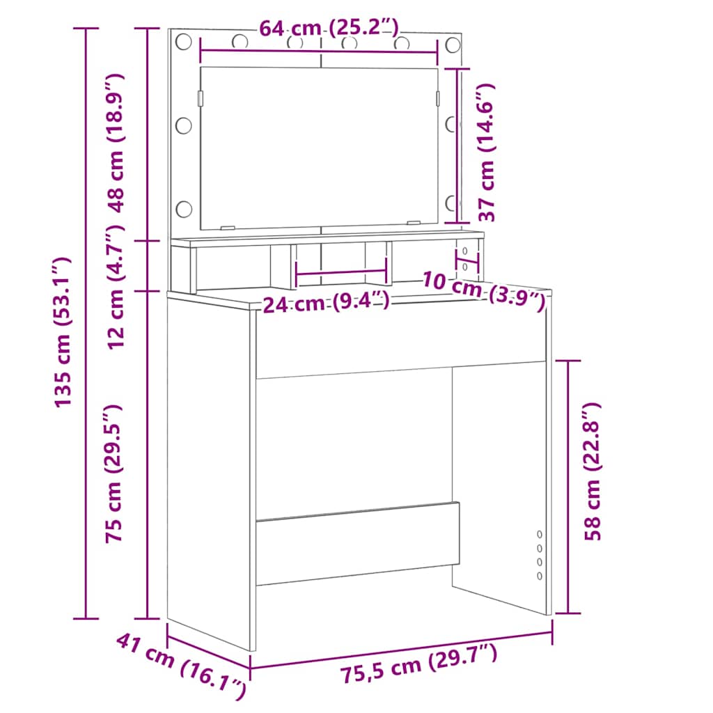 Sminkebord med LED-lamper Grå Sonoma 79x41x135 cm