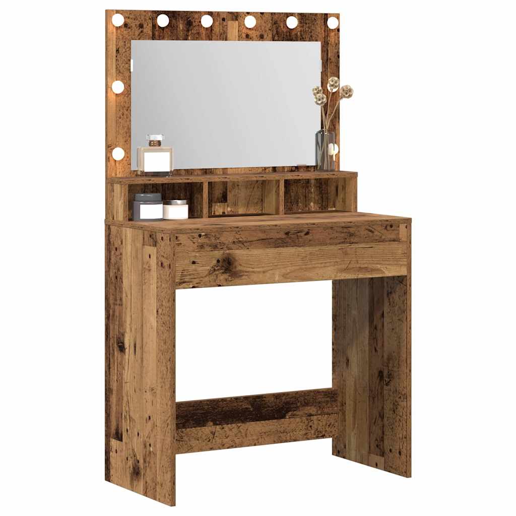 Sminkebord med LED-lamper, gammelt tre, 79x41x135 cm