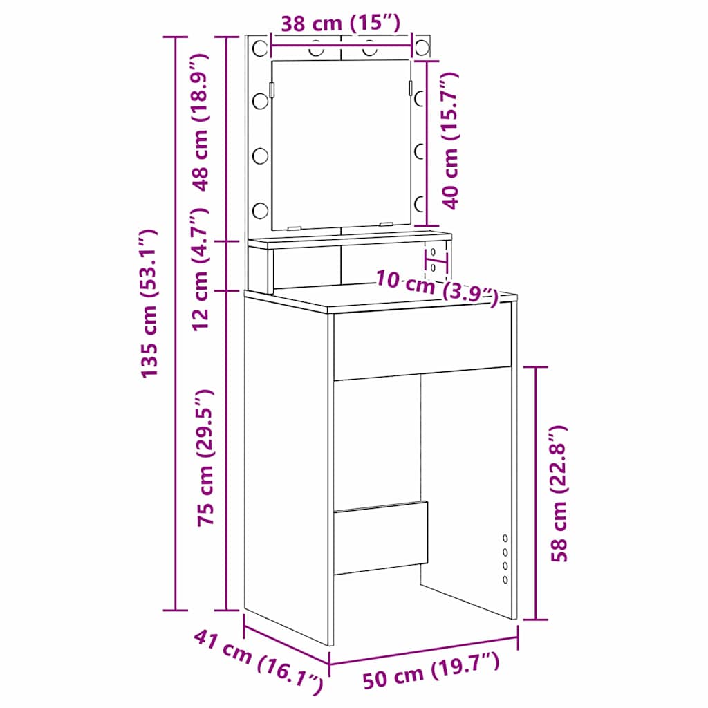 Sminkebord med LED-lamper Hvit 50x41x135 cm