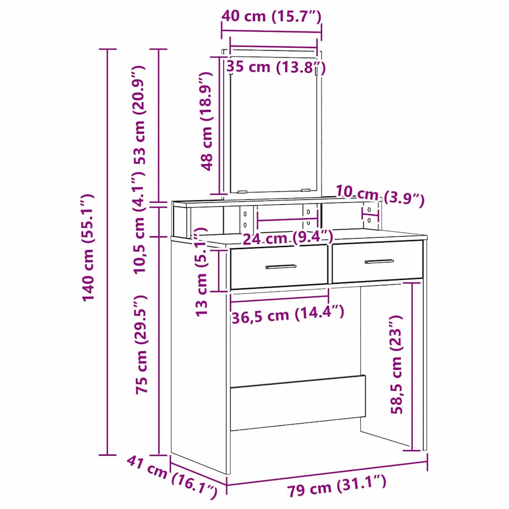 Sminkebord med skuffer i Artisan Eik 79x41x140 cm