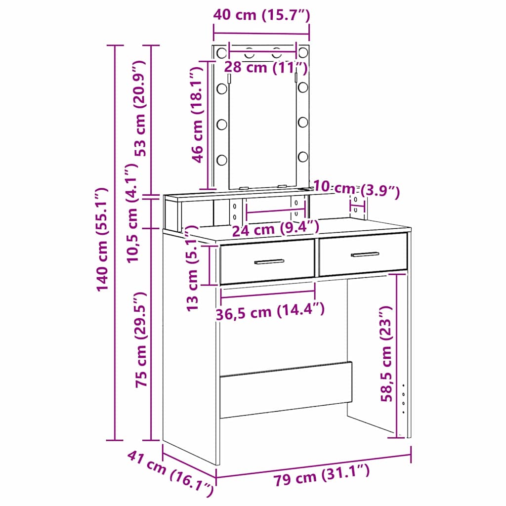 Sminkebord med LED-lamper Hvit 79x41x140 cm