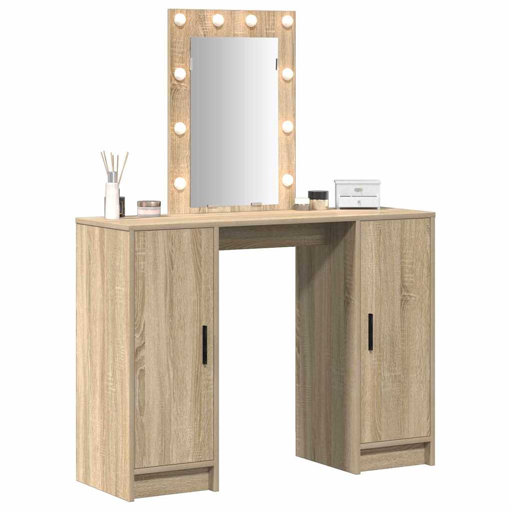 Sminkebord med LED-lamper i Sonoma eik, 102x33x135 cm