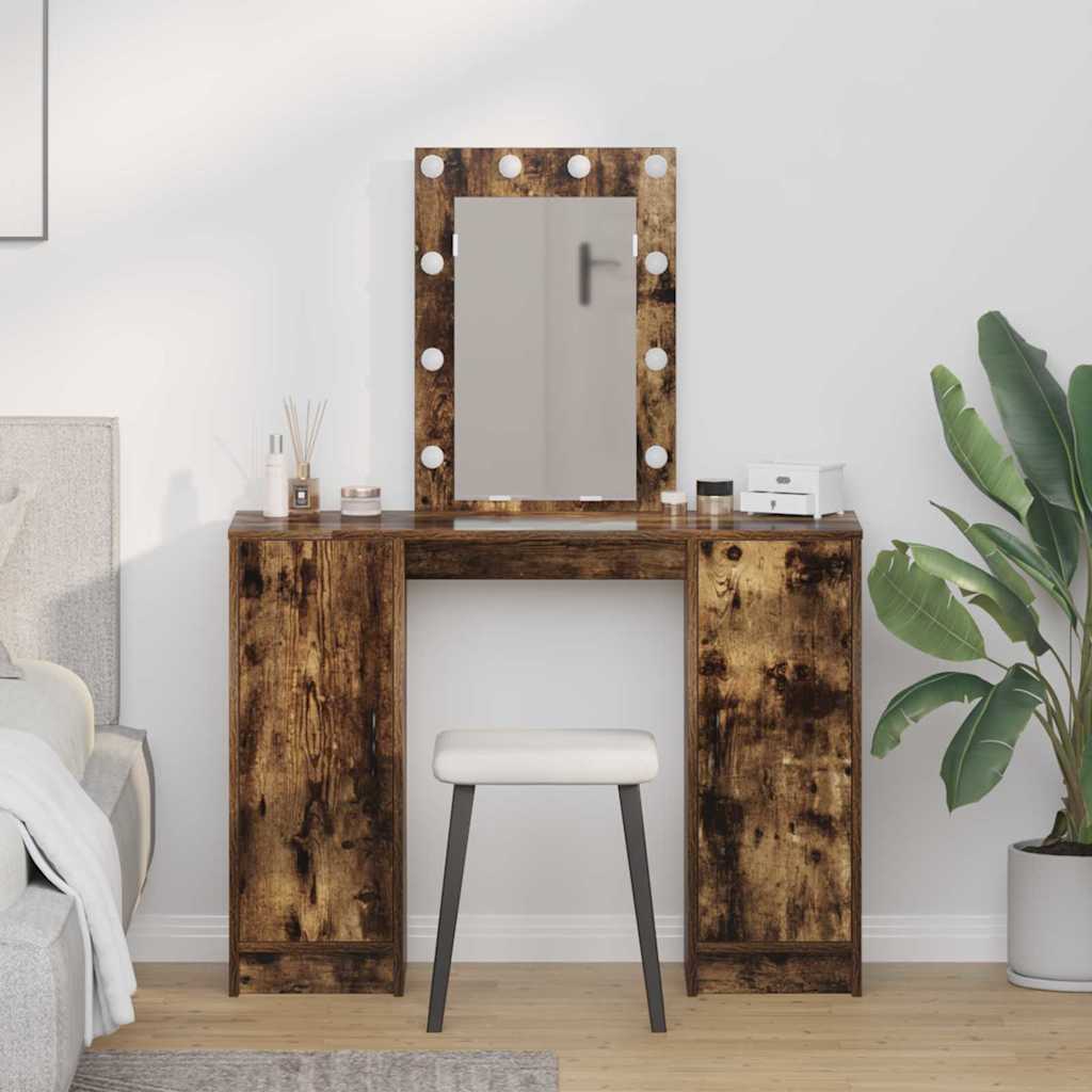 Sminkebord med LED-lys Røkt Eik 102x33x135 cm