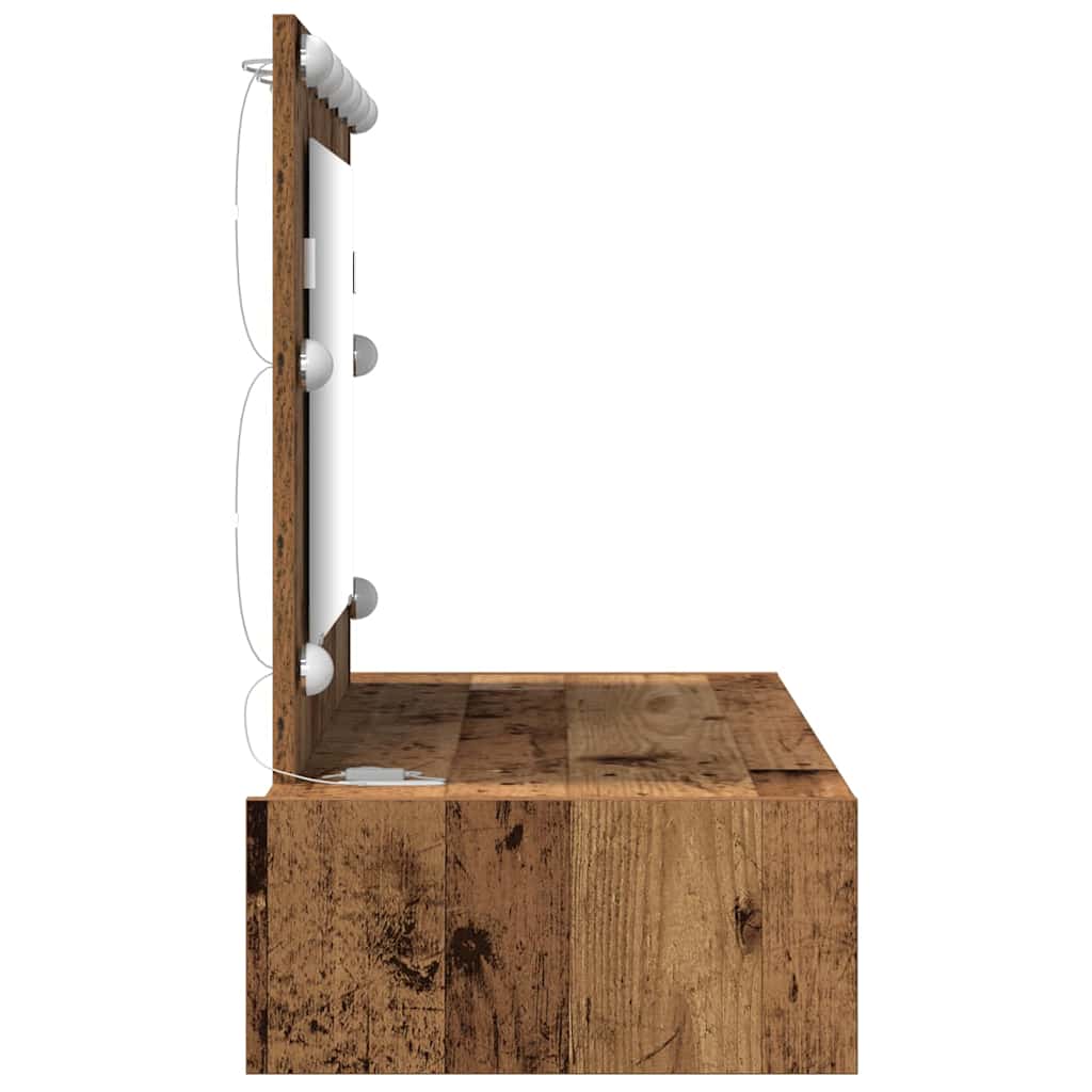 Vegghengt sminkebord med LED-lamper i gammel tre