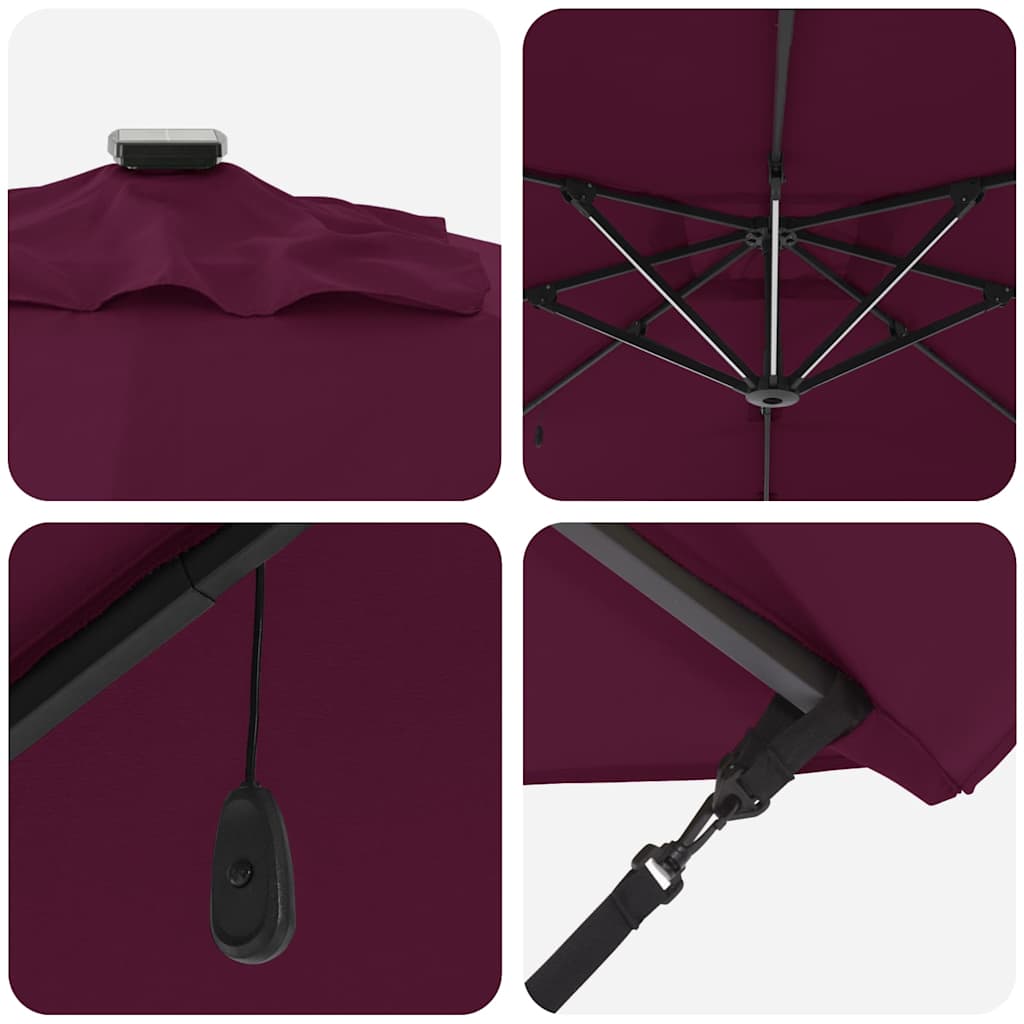 Cantilever Roma Parasol med LED i bordeauxrød, 286 x 285 x 270 cm, laget av aluminium.