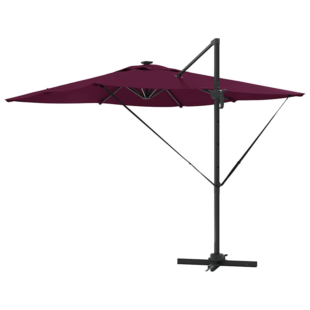 Cantilever Roma Parasol med LED i bordeauxrød, 286 x 285 x 270 cm, laget av aluminium.