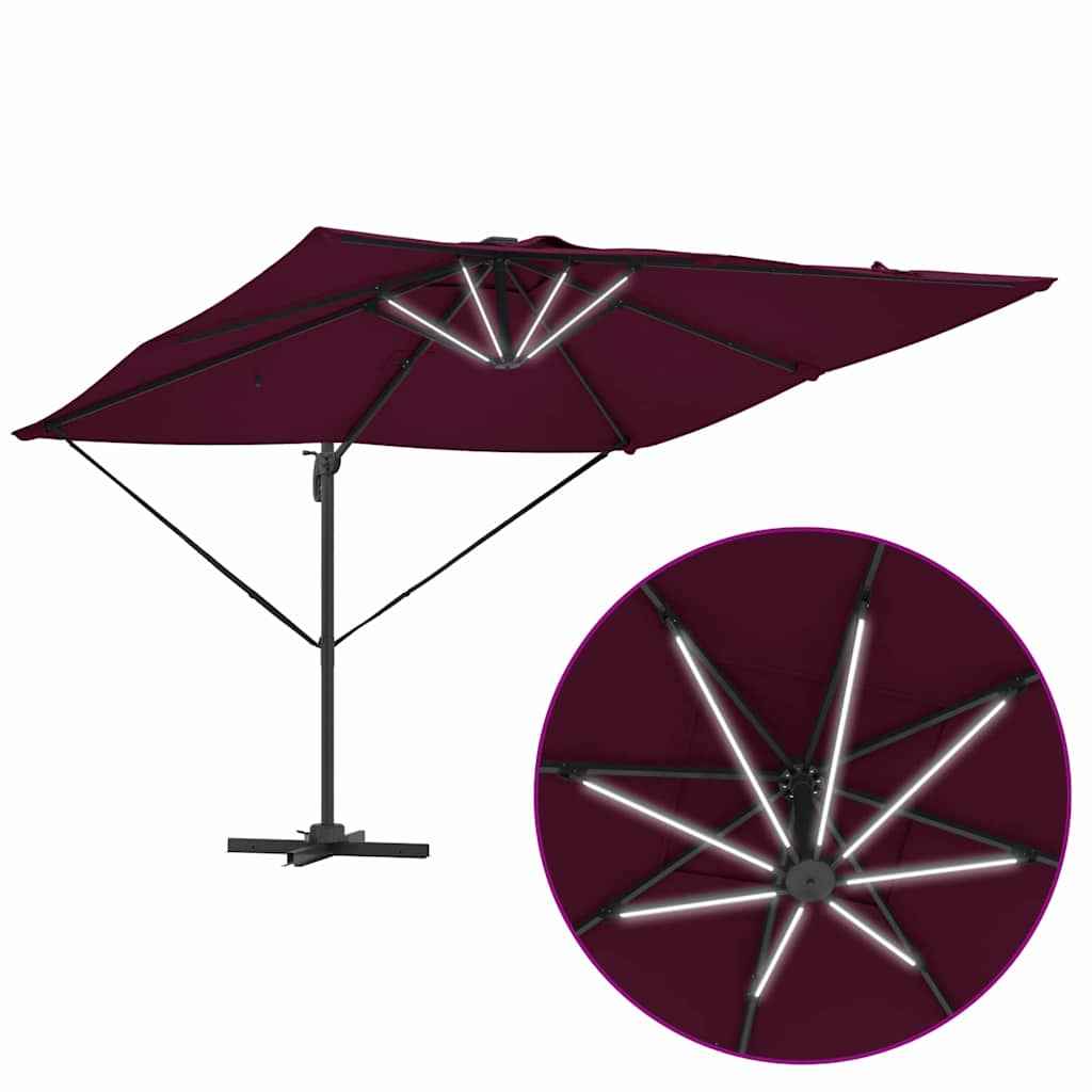 Cantilever Roma Parasol med LED i bordeauxrød, 286 x 285 x 270 cm, laget av aluminium.