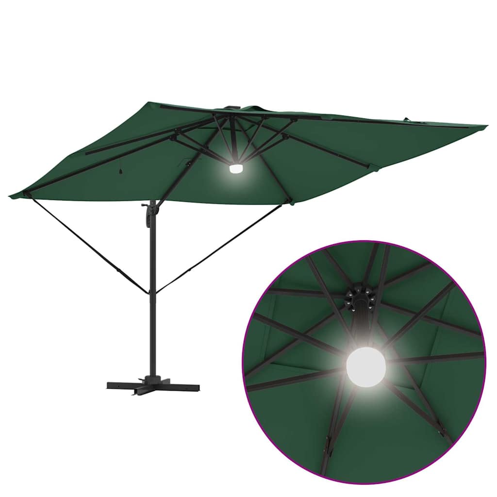 Cantilever Roma Parasol med LED-lamper, grønn, 286 x 285 x 270 cm, aluminium