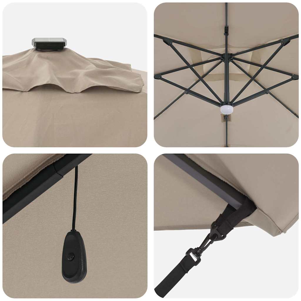 Cantilever Roma Parasol med LED-lamper i taupe, 286 x 285 x 270 cm av aluminium.