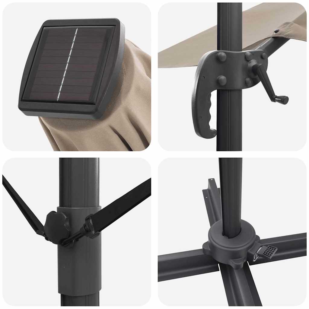 Cantilever Roma Parasol med LED-lamper i taupe, 286 x 285 x 270 cm av aluminium.