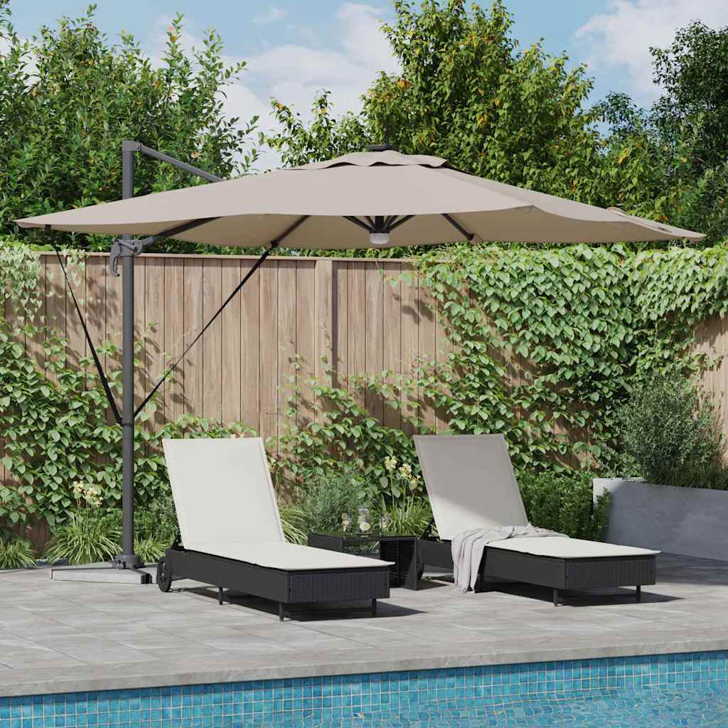 Cantilever Roma Parasol med LED-lamper i taupe, 286 x 285 x 270 cm av aluminium.