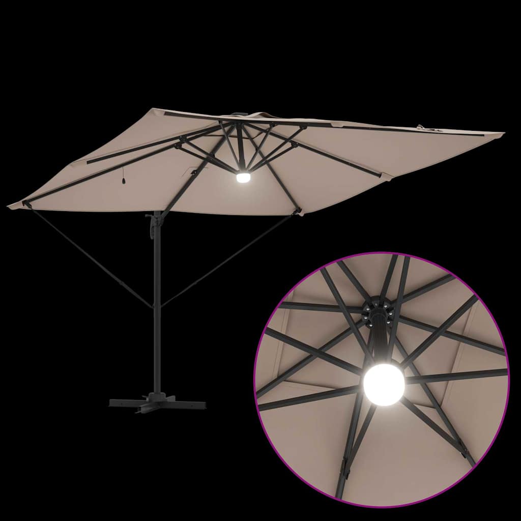Cantilever Roma Parasol med LED-lamper i taupe, 286 x 285 x 270 cm av aluminium.